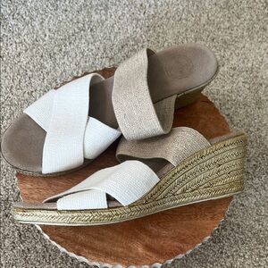 White and Tan Wedge Sandals, Charleston Shoe Co